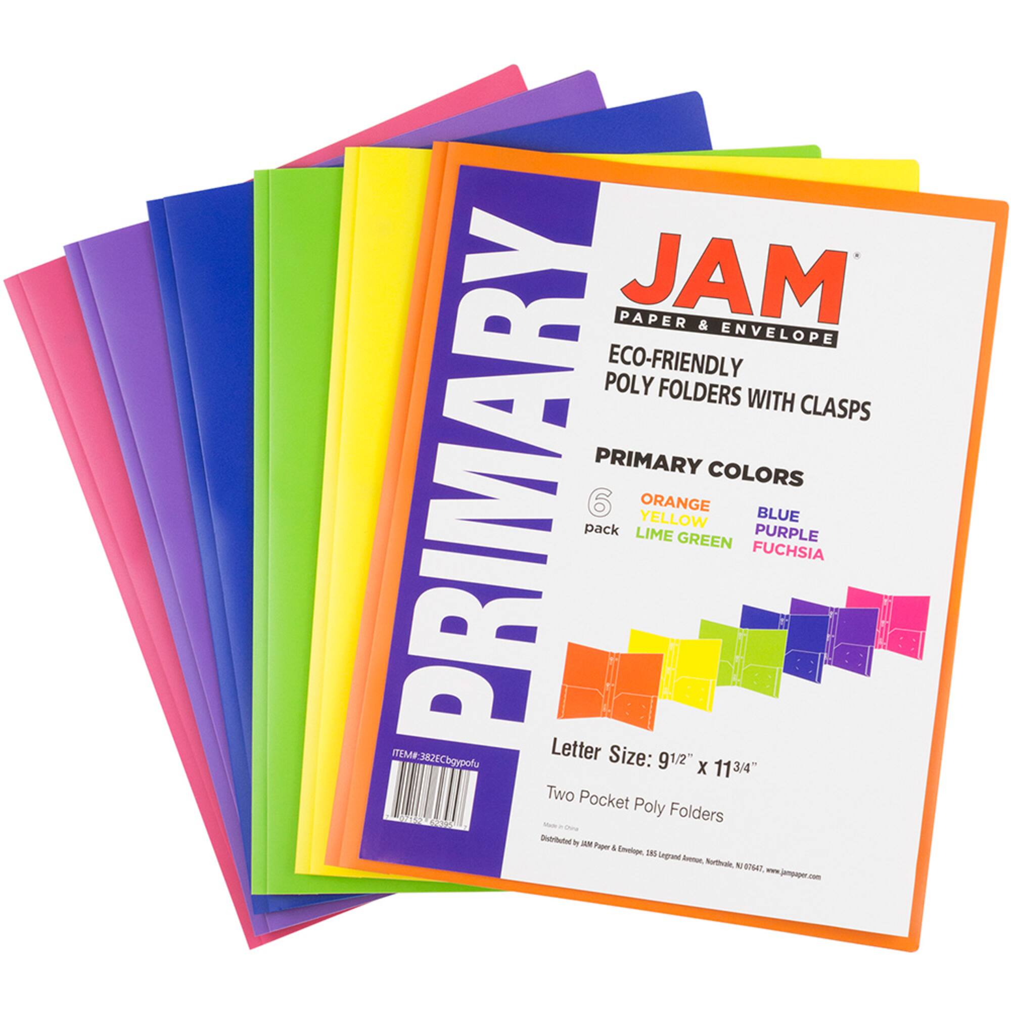 JAM Paper 9.5" x 11.5" Assorted Plastic 2 Pocket School POP Folders with Clasps, 6ct.